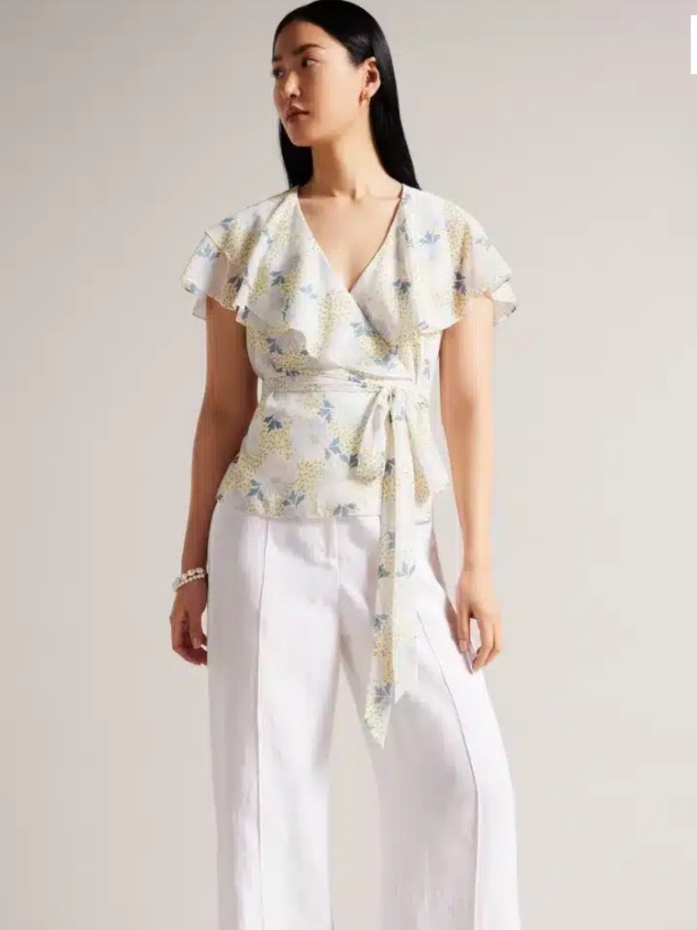 TED BAKER Gemmiaa Floral Wrap Top With Ruffle Sleeves Sky Blue New with tags